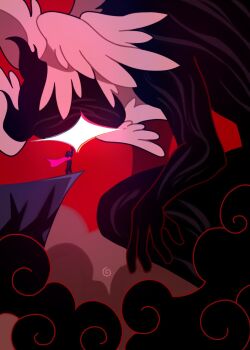 Rule 34 | 2others, angel wings, arm up, black smoke, blue hair, cape, cliff, colored smoke, deltarune, eldritch abomination, feathered wings, ghostbento, giant, glowing, glowing eye, head wings, highres, horns, hunched over, kris (dark world) (deltarune), kris (deltarune), living shadow, looking at another, multiple others, multiple wings, one-eyed, pink cape, reaching, reaching towards another, red background, silhouette, smoke, squatting, titan (deltarune), umbrakinesis, utdr (toby fox), wings