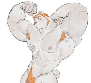1boy abs animal_ears bara bear_boy bear_ears bear_tail biceps completely_nude cowboy_shot excessive_armpit_hair excessive_pubic_hair facial_hair furry furry_male goatee head_tilt highres horikwawataru huge_pectorals large_hands male_focus male_pubic_hair mature_male muscular muscular_arms muscular_male mutton_chops nipples nude orange_hair original pubic_hair solo tail thick_navel_hair v-taper white_fur