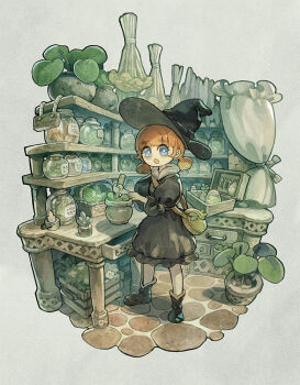 1girl absurdly_detailed_composition bag basket black_dress black_shoes blue_eyes candle circle0121 cobblestone curtains desk drawer dress flower full_body handbag hat herb holding jar leaf loaded_interior long_hair looking_at_viewer low_twintails mortar_(bowl) open_drawer open_mouth orange_hair original pestle plant potted_plant shelf shoes solo standing twintails witch witch_hat