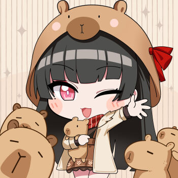 1girl animal animal_hat black_hair brown_dress brown_jacket capybara chibi chisa_(wuthering_waves) commentary dress hat highres holding holding_animal jacket long_hair looking_at_viewer mole mole_under_eye namipon_(wuthering_waves) official_alternate_costume one_eye_closed open_mouth red_eyes smile solo twomoon very_long_hair waving wuthering_waves