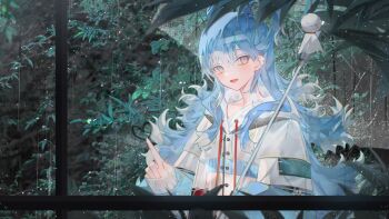 0_(znanimo) 1girl :d antenna_hair blue_eyes blue_hair blue_hoodie blush breasts crop_top cropped_hoodie cropped_shirt drawing_(action) drawstring ear_piercing hair_between_eyes hair_over_shoulder heart highres holding holding_umbrella hololive hololive_indonesia hood hoodie jacket kobo_kanaeru kobo_kanaeru_(1st_costume) long_hair long_sleeves looking_at_viewer midriff multicolored_hair multicolored_hoodie open_mouth outdoors piercing plant see-through_clothes see-through_jacket see-through_sleeves sleeves_past_fingers sleeves_past_wrists small_breasts smile solo standing sunglasses transparent transparent_umbrella two-tone_hair two-tone_hoodie umbrella upper_body virtual_youtuber water_drop wavy_hair white_hair white_hoodie window