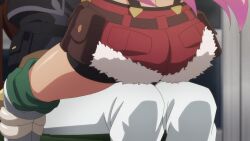 1boy 1girl animated anime_screenshot ass ass_focus ass_shake brown_shorts dark-skinned_female dark_skin denim denim_shorts girl_on_top highres krai_andrey liz_smart long_hair nageki_no_bourei_wa_intaishitai pink_hair shorts sitting sound tagme video