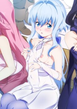 10s 3girls absurdres ayame_(gundam_build_divers) bare_shoulders blue_eyes blue_hair blush breasts cameltoe collarbone covered_erect_nipples covered_navel dress exhibitionism flashing fujisawa_aya_(gundam_build_divers) gundam gundam_build_divers highres jewelry light_blue_hair long_hair looking_at_viewer miniskirt momo_(gundam_build_divers) multiple_girls necklace niko_(tama) nipples no_bra no_panties oppai_challenge pink_hair public_indecency purple_legwear red_skirt sara_(gundam_build_divers) sideboob sitting skirt small_breasts solo_focus take_your_pick white_dress yashiro_momoka