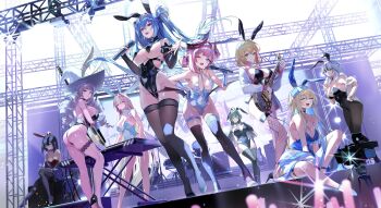 6+girls absurdres animal_ears ass bare_legs bare_shoulders black_leotard black_shoes black_thighhighs blonde_hair blue_eyes blue_hair blue_leotard breast_curtains breasts brown_pantyhose brown_thighhighs choyeon cleavage commentary_request demon_horns detached_sleeves drill_hair electric_guitar fake_animal_ears floating_hair from_behind green_hair grey_hair grin guitar hat high_heels highleg highleg_leotard highres holding holding_guitar holding_instrument holding_microphone horns instrument jacket korean_commentary large_breasts leotard long_hair long_sleeves looking_at_viewer microphone multiple_girls off_shoulder one_eye_closed open_clothes open_jacket open_mouth original pantyhose pink_hair playboy_bunny purple_eyes rabbit_ears red_eyes shoes short_hair sitting smile standing thigh_strap thighhighs thighs twin_drills two_side_up very_long_hair white_hair white_jacket white_leotard witch_hat
