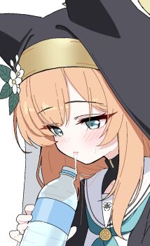 1girl animal_ears black_dress blue_archive blue_eyes blush bottle brown_hair commentary_request dress fake_animal_ears flower halo highres holding holding_bottle lmg7811 looking_down mari_(blue_archive) nun saliva simple_background small_sweatdrop solo sweat tongue tongue_out upper_body veil water_bottle white_background white_flower