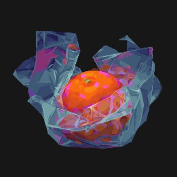 absurdres black_background food food_focus food_wrapper fruit highres no_humans orange_(fruit) original pixel_art plastic_wrap simple_background still_life unwrapped ventiquepxl