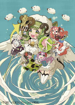 1girl angel angel_wings beret blush boots copyright_notice crius_(wixoss) dress fur-trimmed_dress fur_trim green_eyes green_hair hat highres horns kei_s01 looking_at_viewer medium_hair official_art open_mouth sheep_girl sheep_horns smile solo teeth thighhighs upper_teeth_only white_boots white_dress white_hat white_thighhighs wings wixoss