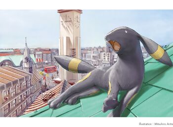 analog_clock animal_focus arita_mitsuhiro artist_name blue_sky building clock clock_tower closed_eyes day fangs gen_2_pokemon nintendo no_humans official_art on_roof open_mouth pokemon pokemon_(creature) pokemon_focus pokemon_tcg second-party_source single_tear sky stitched third-party_edit tower umbreon yawning