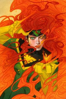 1girl acrylic_paint_(medium) bird bodysuit breasts clenched_hand colored_pencil_(medium) flaming_eye flaming_hand flaming_mouth forehead_protector gloves green_bodysuit green_eyes jean_grey long_hair marvel medium_breasts my_name_is_tran official_art painting_(medium) phoenix phoenix_(x-men) red_hair solo superhero_costume traditional_media upper_body very_long_hair x-men yellow_gloves