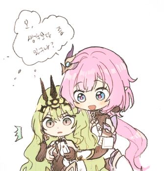 Rule 34 | 2girls, 5rwpvc, ^^^, black dress, black gloves, black tiara, blue eyes, breasts, dress, earrings, elf, elysia (honkai impact), elysia (miss pink elf) (honkai impact), gloves, grabbing another's breast, grabbing from behind, groping, hair ornament, highres, honkai (series), honkai impact 3rd, jewelry, korean text, long hair, mobius (honkai impact), multiple girls, pink hair, pointy ears, simple background, small breasts, smile, speech bubble, tiara, translation request, very long hair, white background, yuri