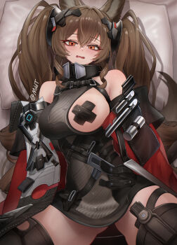 1girl absurdres angelina_(arknights) animal_ear_fluff animal_ears arknights arknights:_endfield bare_shoulders black_dress black_gloves black_thighhighs blush breasts brown_eyes brown_hair commentary cross cross_pasties detached_sleeves dress fox_ears fox_girl fox_tail gilberta_(arknights) gloves hair_between_eyes highres large_breasts long_hair looking_at_viewer mildt one_breast_out open_mouth pasties red_sleeves solo tail thighhighs twintails