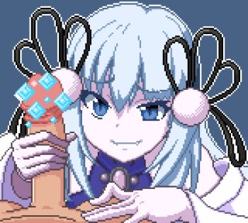 1boy 1girl animated animated_gif blue_eyes blue_hair censored fang hair_ornament handjob hetero light_blue_hair penis pixel_art simple_background smile source_request uramomo yu-gi-oh! yuki-onna_the_ice_mayakashi