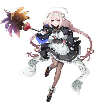 1girl :d apron asymmetrical_bangs beleth_(eversoul) black_dress black_footwear blush bow bowtie braid breasts broken_halo brown_thighhighs cable_knit circuit_board_print dress duster eversoul feather_duster flower frilled_dress frills game_cg gloves hair_ornament hairband halo heart heart_hair_ornament highres holding holding_duster leg_up looking_at_viewer maid maid_apron mechanical_halo medium_breasts non-web_source official_art open_mouth pink_eyes pink_flower pink_hair pink_rose rose sidelocks smile solo standing tachi-e thighhighs transparent_background twin_braids waist_apron white_apron white_gloves white_hairband white_halo