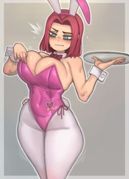 1girl animal_ears bare_shoulders blue_eyes blush bow bowtie breasts cleavage code_geass detached_collar fake_animal_ears highres kelvin_hiu kouzuki_kallen large_breasts medium_hair pantyhose playboy_bunny purple_hair rabbit_ears rabbit_tail solo tail tray white_pantyhose wrist_cuffs