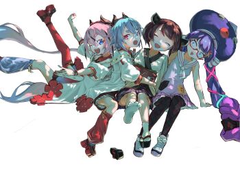 2girls 2others ^_^ a.i._voice ahoge ankle_socks ankleband ascot asymmetrical_legwear bare_shoulders belt beret black_bow black_dress black_horns black_pantyhose black_sandals black_shorts black_streaks blue_eyes blue_hair blue_hat blue_leg_warmers bow braid brown_hair buttons closed_eyes collar commentary constricted_pupils contrast_collar dappled_sunlight double-breasted double-parted_bangs dress eel_hat flower footwear_bow frilled_shorts frills full_body glasses gradient_clothes gradient_hair gradient_kimono gradient_necktie gradient_ribbon gynoid_talk hair_bow hair_ornament hair_ribbon hairclip hat hat_ribbon headgear highres horned_hat horns hug ikoi_mimizu invisible_chair japanese_clothes kimono large_hat layered_dress leaning_to_the_side leg_warmers long_hair low-braided_long_hair low-tied_long_hair low_twintails medium_hair meika_hime meika_mikoto mortarboard multicolored_dress multicolored_hair multicolored_ribbon multiple_girls multiple_others necktie obi obiage obidome obijime off-shoulder_dress off_shoulder one_eye_closed open_mouth otomachi_una otomachi_una_(talkex) pantyhose pink_dress pink_eyes pink_hair plaid_bow plaid_clothes plaid_pantyhose platform_shoes pleated_dress pleated_skirt plum_blossoms puffy_sleeves purple_skirt red-framed_eyewear red_collar red_hat red_leg_warmers red_necktie red_pantyhose red_ribbon red_sash ribbon sailor_collar sandals sash semi-rimless_eyewear shoes short_eyebrows shorts shorts_under_dress sidelocks simple_background single_leg_pantyhose single_leg_warmer sitting skirt sleeveless sleeveless_dress smile socks streaked_hair sunlight surprised tabi talkex teeth thick_eyebrows thigh_belt thigh_strap three-quarter_sleeves touhoku_kiritan triangle_mouth twintails under-rim_eyewear unworn_sandals upper_teeth_only very_long_hair voiceroid waist_hug white_ascot white_background white_dress white_kimono white_sailor_collar white_socks wrist_ribbon zouri