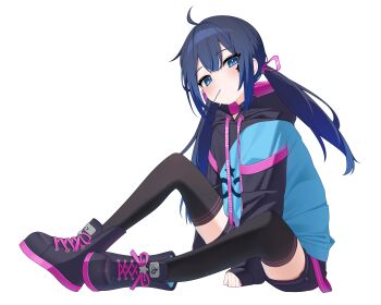 1girl absurdres ahoge between_legs black_boots black_shorts black_thighhighs blue_eyes blue_hair blue_hoodie blush boots commentary_request commission drawstring full_body hair_between_eyes hand_between_legs highres hood hood_down hoodie indie_virtual_youtuber long_sleeves looking_at_viewer low_twintails mouth_hold mugen_mochi pixiv_commission puffy_long_sleeves puffy_sleeves rui_p shorts simple_background sleeves_past_wrists solo thighhighs thighhighs_under_boots twintails virtual_youtuber white_background