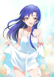 Rule 34 | 1girl, :d, bare shoulders, blue hair, blush, brown eyes, dress, earrings, flat chest, highres, idolmaster, idolmaster (classic), inoue sora, jewelry, kisaragi chihaya, long hair, looking at viewer, open mouth, revision, signature, skirt hold, smile, solo, sundress, white dress