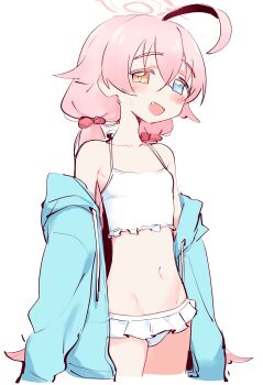 1girl :d absurdres ahoge aqua_jacket bare_shoulders bikini bikini_skirt blue_archive blue_eyes blush breasts collarbone commentary cowboy_shot cropped_legs drawstring eds english_commentary fang flat_chest frilled_bikini frills groin hair_between_eyes hair_bobbles hair_ornament halo heterochromia highres hoshino_(blue_archive) hoshino_(swimsuit)_(blue_archive) huge_ahoge jacket jacket_partially_removed long_hair long_sleeves looking_at_viewer low_twintails navel official_alternate_costume open_clothes open_jacket open_mouth pink_hair pink_halo simple_background smile solo stomach sweatdrop swimsuit twintails white_background white_bikini yellow_eyes