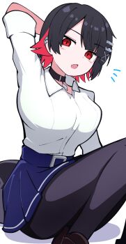 1girl arm_behind_head black_collar black_hair black_pantyhose blue_skirt breasts collar collared_shirt colored_inner_hair commentary_request ellen_joe ellen_joe_(on_campus) fang hair_ornament highres large_breasts looking_at_viewer multicolored_hair official_alternate_costume open_mouth pantyhose pleated_skirt red_eyes red_hair school_uniform shirt shirt_tucked_in short_hair simple_background sitting skirt solo white_background white_shirt yuntaro_(ramen_star) zenless_zone_zero