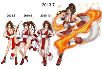 10s 2013 breasts brown_eyes brown_hair bula cleavage dated evolution hand_fan fatal_fury female_focus fire folding_fan holding holding_fan large_breasts matching_hair/eyes mouth_hold ninja ponytail revealing_clothes shiranui_mai white_background