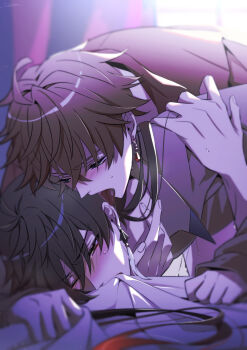 Rule 34 | 2boys, absurdres, blush, ear licking, genshin impact, highres, image sample, licking, lying, multiple boys, on stomach, pixiv, pixiv sample, sheet bite, shisui53, tartaglia (genshin impact), yaoi, zhongli (genshin impact)