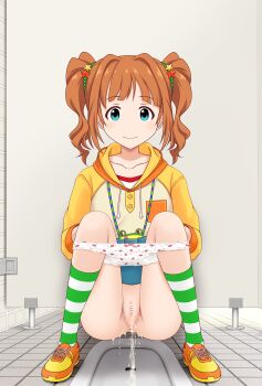 1girl anus bar_censor blue_eyes censored female_focus food_print fruit_print fundarikettari highres hood hood_down hoodie idolmaster indoors loli panties panty_pull peeing print_panties public_restroom pussy shoes skirt smile socks solo squat_toilet squatting strawberry_panties strawberry_print striped_clothes striped_socks takatsuki_yayoi tile_floor tiles toilet toilet_stall toilet_use twintails underwear yellow_hoodie