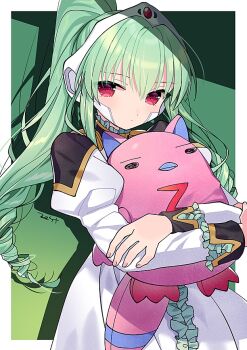 1girl artist_name blush closed_mouth commentary_request drill_hair expressionless galaxy_angel green_background hair_between_eyes hair_ornament hugging_object long_hair looking_at_viewer military_uniform normad ponytail simple_background solo stuffed_animal stuffed_toy vanilla_h zest_(lossol)