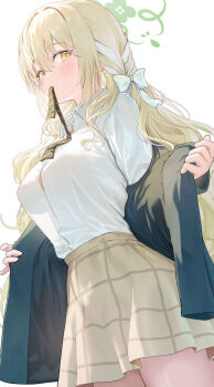 1girl absurdres black_jacket blazer blonde_hair blue_archive blush bow braid breasts button_gap chiu538 collared_shirt commentary_request green_halo hair_bow hair_ribbon halo highres jacket large_breasts long_hair looking_at_viewer miniskirt miyo_(blue_archive) mouth_hold open_clothes open_jacket opened_by_self ribbon ribbon_braid see-through_silhouette shirt shirt_tucked_in side_braids simple_background skirt solo white_background white_bow white_shirt yellow_eyes