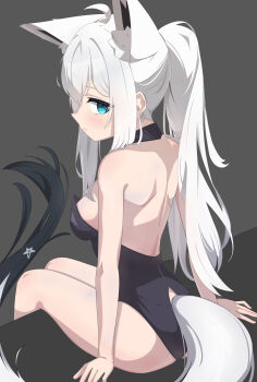 Rule 34 | absurdres, ahoge, animal ear fluff, animal ears, asanago, bare arms, bare legs, black leotard, blush, braid, breasts, commentary request, detached collar, extra ears, fox ears, fox girl, fox tail, green eyes, hair between eyes, highres, hololive, leotard, long hair, looking at viewer, looking back, pentagram, playboy bunny, shirakami fubuki, sidelocks, single braid, sitting, small breasts, tail, virtual youtuber, white hair