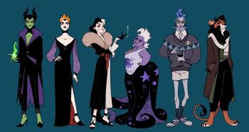 101_dalmatians 2boys 4girls breasts cleavage colored_skin company_connection cruella_de_vil disney earrings hercules_(1997_movie) jewelry juanmao lion_boy long_hair maleficent multiple_boys multiple_girls purple_skin queen_grimhilde scar_(the_lion_king) short_hair sleeping_beauty_(disney) smile snow_white_and_the_seven_dwarfs_(disney) solo tentacles the_lion_king the_little_mermaid_(disney) ursula_(disney) white_hair