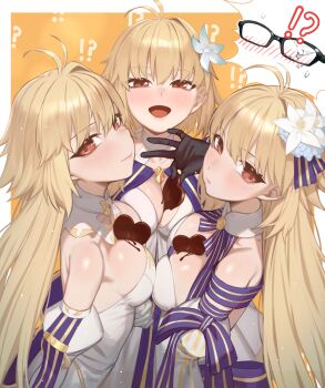 !? 3girls archetype_earth archetype_earth_(third_ascension) arcueid_brunestud arcueid_brunestud_(mooncancer) bare_shoulders black_gloves blonde_hair blue_gloves blue_skirt blush breasts brown_pantyhose candy chocolate chocolate_heart chorogon cleavage commission detached_collar detached_sleeves dress fate/grand_order fate_(series) flower food glasses gloves hair_flower hair_ornament heart heart-shaped_food highres large_breasts layered_skirt long_hair long_skirt looking_at_viewer multicolored_skirt multiple_girls multiple_persona open_mouth pantyhose pixiv_commission red_eyes short_hair skirt smile tsukihime very_long_hair white_dress white_gloves white_skirt