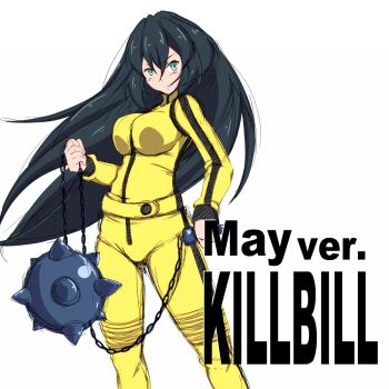 Rule 34 | ball and chain (weapon), beatrix kiddo, beatrix kiddo (cosplay), black hair, caption, clenched hands, cosplay, green eyes, gundam, gundam build divers, gundam build divers re:rise, jumpsuit, kill bill, kunney, long hair, looking to the side, mace, may (gundam build divers re:rise), simple background, weapon, white background, yellow jumpsuit