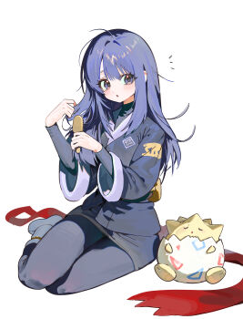 1girl 5oh5s2 absurdres akari_(pokemon) black_hair black_pantyhose blush brushing_hair closed_eyes gen_2_pokemon grey_eyes hair_brush highres holding holding_hair_brush jacket long_hair nintendo pantyhose parted_lips pokemon pokemon_(creature) pokemon_legends:_arceus red_scarf scarf sidelocks simple_background sitting togepi unworn_scarf white_background yokozuwari