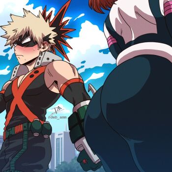 1boy 1girl artist_name ass ass_focus bakugou_katsuki bare_shoulders belt black_bodysuit blonde_hair blush bodysuit boku_no_hero_academia brown_hair building cloud cloudy_sky debby-san explosive gauntlets gloves grenade hetero highres looking_at_ass mask medium_hair meme muscular muscular_male pectoral_cleavage pectorals red_eyes short_hair skin_tight sky sleeveless spiked_hair sweat tank_top uraraka_ochako