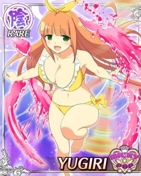 1girl :d aura bikini border bow breasts card_(medium) cleavage english_text game_cg green_eyes hair_bow hime_cut large_breasts leg_up looking_at_viewer microphone_stand navel non-web_source official_alternate_costume official_art open_mouth orange_hair senran_kagura senran_kagura_new_wave smile solo spinning_weapon swimsuit yellow_bikini yellow_bow yugiri_(senran_kagura)