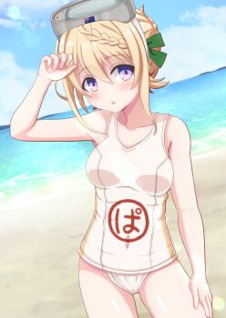 1girl beach blonde_hair blue_sky braid braided_bangs braided_bun clothes_writing cloud commission contrapposto cosplay covered_navel day diving_mask diving_mask_on_head goggles goggles_on_head hair_bun highres horizon kantai_collection maru-yu_(kancolle) maru-yu_(kancolle)_(cosplay) ocean old_school_swimsuit one-piece_swimsuit ootori_(kyoya-ohtori) outdoors perth_(kancolle) purple_eyes school_swimsuit short_hair skeb_commission sky solo standing swimsuit white_one-piece_swimsuit