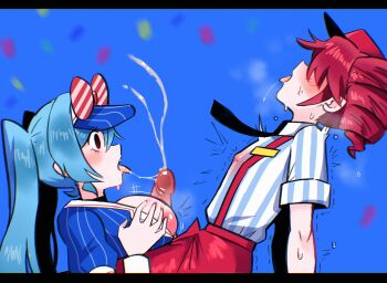 1futa 1girl :o after_fellatio alternate_breast_size_(larger) arched_back arm_support arms_at_sides assertive_female bare_arms black_choker black_eyes black_necktie blue_hair blue_shirt blue_sky blurry blurry_background blush bow breasts buttons choker chromatic_aberration collared_shirt commentary confetti covered_erect_nipples cowboy_shot cum diagonal-striped_bow double-parted_bangs drill_hair ejaculation empty_eyes english_commentary erection fang flying_sweatdrops from_side futa_with_female futanari grabbing_own_breast hair_between_eyes hand_up hat hatsune_miku highres kasane_teto lapels large_breasts letterboxed long_hair looking_at_another meme mesmerizer_(vocaloid) miku_and_futa_teto_(meme) motion_lines necktie nipples no_pupils open_clothes open_mouth open_shirt orgasm osulan outdoors paizuri pants penis pinstripe_pattern pinstripe_shirt profile puffy_short_sleeves puffy_sleeves red_bow red_hair red_hat red_pants saliva saliva_trail shirt short_hair short_sleeves sidelocks sitting sky small_breasts striped_bow suspenders sweat tongue tongue_out trembling twin_drills twintails two-tone_bow uncensored upper_body very_long_hair visor_cap vocaloid white_bow wide-eyed