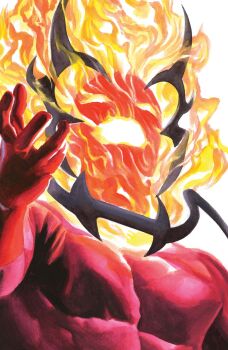 1boy absurdres alex_ross bodysuit comic_cover cover cover_page covered_pectorals doctor_strange_(series) dormammu fire flaming_head gloves highres looking_at_viewer looking_down male_focus marvel official_art open_mouth pectorals red_bodysuit red_gloves solo upper_body western_comics_(style) white_background