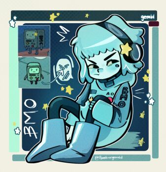 adventure_time aqua_boots aqua_hair aqua_skin artist_name blush bmo boots character_name colored_skin hair_ornament hamgurgerald highres hood hood_down humanization long_sleeves medium_hair reference_inset sitting speech_bubble star_(symbol) star_hair_ornament