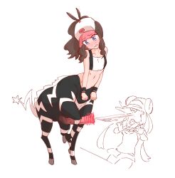 1futa 1girl animal_penis bar_censor baseball_cap blue_eyes blush bottomless breasts brown_hair censored centaur crop_top cum cum_on_body dot_nose ejaculation facial from_side full_body furrowed_brow fusion futa_with_female futanari gen_5_pokemon groin hat head_tilt hilda_(pokemon) horse horse_girl horse_penis huge_penis interspecies liveactors looking_at_penis looking_down lowres medium_hair midriff navel nintendo nose_blush penis pokemon pokemon_bw pokemon_bw2 rosa_(pokemon) simple_background small_breasts solo_focus standing tareme taur white_background zebstrika
