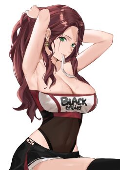 1girl armpits arms_behind_head arms_up bandeau bare_shoulders black_skirt black_thighhighs breasts brown_hair cleavage clothes_writing collarbone covered_navel dorothea_arnault dorothea_arnault_(timeskip) earrings fire_emblem fire_emblem:_three_houses green_eyes highleg highleg_leotard highres j@ck jewelry large_breasts leotard long_hair looking_at_viewer mouth_hold nintendo parted_bangs simple_background skirt sweat thighhighs thighs tying_hair white_background