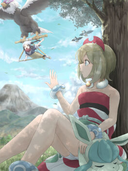 2girls against_tree akari_(pokemon) anklet blonde_hair closed_mouth cloud collar collarbone commentary_request day gen_4_pokemon glaceon grass hand_up highres hisuian_braviary irida_(pokemon) itsudzumi jewelry leaf multiple_girls neck_ring nintendo outdoors pokemon pokemon_(creature) pokemon_legends:_arceus red_shirt sash shirt shorts sitting sky starly strapless strapless_shirt tree waving white_shorts