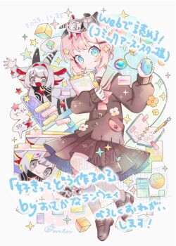 2girls :d black_horns blue_background blue_eyes blush book bookmark bow bowtie brown_shoes brown_skirt brown_sweater closed_mouth commentary_request dated fang full_body grey_eyes grey_hair grey_socks hair_intakes holding holding_book horns long_sleeves looking_at_viewer mochimura_sorata multiple_girls notebook open_mouth original pencil pink_hair pleated_skirt red_bow red_bowtie sailor_collar school_uniform serafuku shoes short_hair signature skirt smile socks sparkle_hair_ornament striped_horns sweater translation_request watermark white_sailor_collar window_(computing)