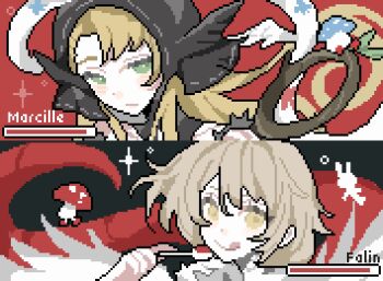 Rule 34 | 2girls, :q, ambrosia (dungeon meshi), black hood, blonde hair, brown hair, character name, commentary request, dungeon meshi, eating, falin touden, falin touden (chimera), gameplay mechanics, green eyes, health bar, highres, holding, holding spoon, marcille donato, marcille donato (lord), monster girl, multiple girls, mushroom, pixel art, salmonpa0, spoon, tongue, tongue out, walking mushroom (dungeon meshi), yellow eyes