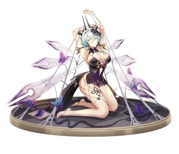 1girl absurdres arms_up bare_arms bare_legs bare_shoulders barefoot black_pajamas blue_butterfly blue_hair breasts bright_pupils bug butterfly circuit_board_print clothing_cutout detached_wings double-parted_bangs elf eversoul fairy_wings faux_figurine full_body game_cg gem green_eyes hair_between_eyes hair_ornament highres insect jewelry kneeling large_breasts lingerie looking_to_the_side multiple_wings negligee official_alternate_costume official_alternate_hair_color official_art pajamas parted_lips pointy_ears purple_butterfly short_hair silk solo spider stomach_cutout tachi-e transparent_background underwear waist_cape wheri_(eversoul) white_pupils wings