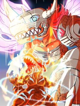 Rule 34 | absurdres, blue eyes, cyborg, digimon, digimon (creature), dinosaur, evolutionary line, glowing, glowing eyes, greymon, helmet, highres, mechanical arms, megane mochi, metalgreymon, no humans, open mouth, red hair, single mechanical arm, torn wings, wings