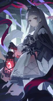 1girl absurdres arknights blunt_bangs blurry closed_mouth commentary_request cross cross_earrings cross_scar depth_of_field earrings grey_eyes grey_hair hair_intakes head_wings highres holding holding_lantern irene_(arknights) jewelry lantern long_hair looking_at_viewer pantyhose scar scar_across_eye scar_on_face short_bangs solo songchuan_li white_pantyhose wings