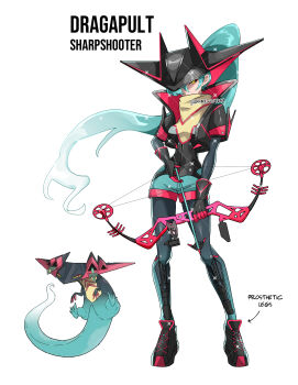 1girl absurdres aqua_hair aqua_shorts arrow_(projectile) arrow_(symbol) bandana bandana_around_neck bandana_over_mouth black_gloves black_hat black_jacket black_shirt blue_hair bow_(weapon) breasts bright_pupils character_name covered_mouth cropped_jacket crosshair crosshair_pupils dragapult full_body gen_8_pokemon gloves gradient_hair green_shorts hair_over_one_eye hat high_collar highres holding holding_arrow holding_bow_(weapon) holding_weapon jacket long_hair looking_at_viewer multicolored_gloves multicolored_hair multicolored_hat multicolored_shirt nintendo official_art_inset pantyhose personification pokemon ponytail prosthesis prosthetic_leg red_gloves red_hat red_jacket reference_inset rhymewithray shirt short_shorts short_sleeves shorts simple_background solo standing two-sided_fabric two-sided_jacket weapon white_background white_pupils yellow_bandana yellow_eyes yellow_shirt