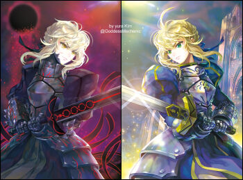 2girls ahoge armor armored_dress artist_name artoria_pendragon_(fate) black_dress blonde_hair blue_dress braid building commentary dress evil_smile excalibur_(fate/stay_night) fate/stay_night fate_(series) frown gauntlets green_eyes hair_ribbon juliet_sleeves kim_yura_(goddess_mechanic) lens_flare long_sleeves multiple_girls puffy_sleeves ribbon saber_(fate) saber_alter serious smile sparkle split_screen sword twitter_username watermark weapon yellow_eyes