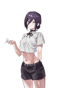 1girl belt black_belt black_ribbon black_shorts breasts chainsaw_man closed_mouth cropped_shirt green_eyes grenade_pin hair_between_eyes hair_bun highres medium_breasts nakajima_(user111860274) navel neck_ribbon purple_hair reze_(chainsaw_man) ribbon shirt shorts simple_background solo white_background white_shirt